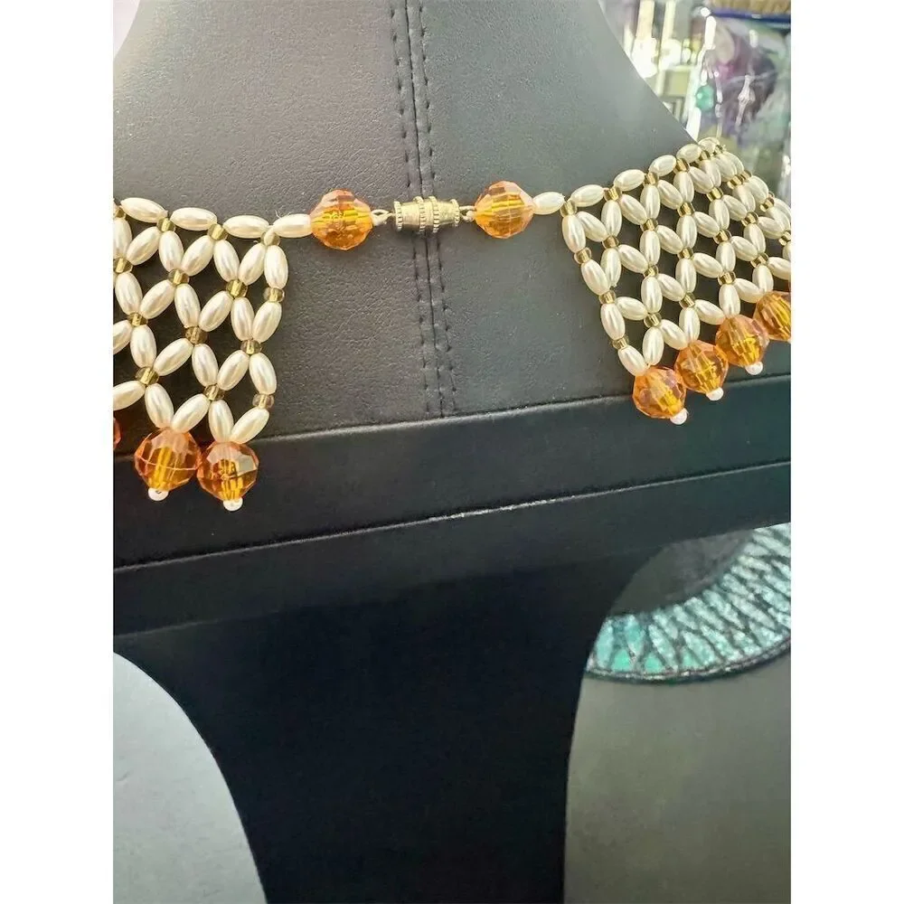 Gold Tone Mesh Choker Necklace with Amber Beads Adjustable Clasp